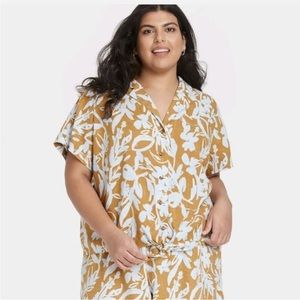 Ava Viv tropical linen blend tie front button down top